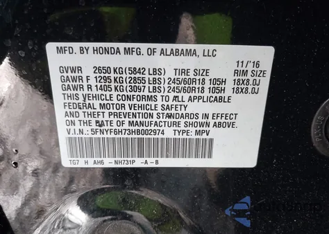 2017 Honda Pilot Ex-L из США, поврежденный, VIN 5FNYF6H73HB002974